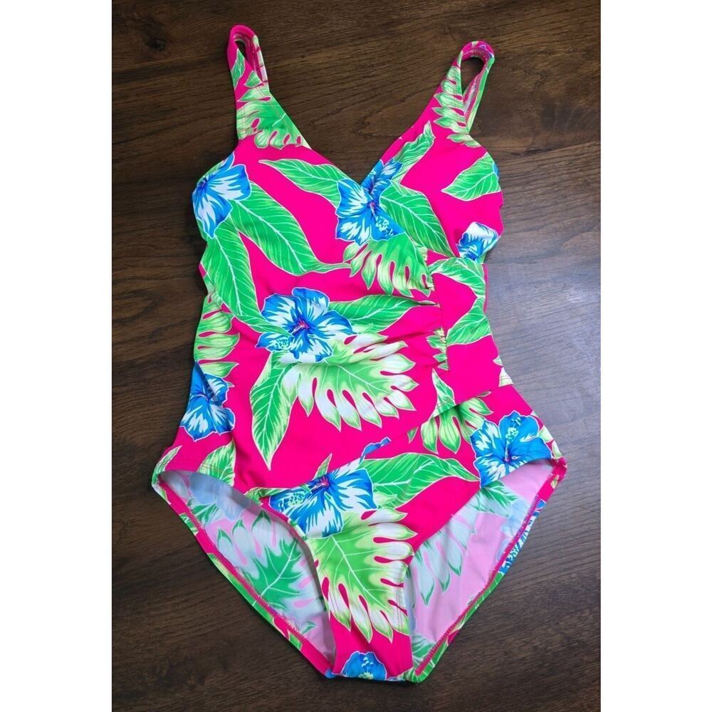 Jantzen Classics Womens One-Piece Swimsuit Size 8 Tropical Pink & Green Floral P